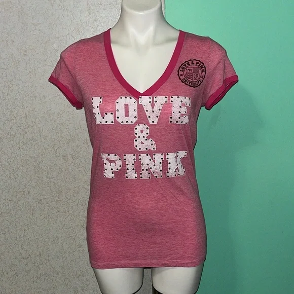 vintage y2k PINK victoria’s secret bling v neck tee - Picture 1 of 3